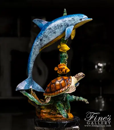 Dolphin, Turtle & Fish Bronze Fountain Sculpture - Handcrafted Sea Life Statue for Garden or Home Decor
