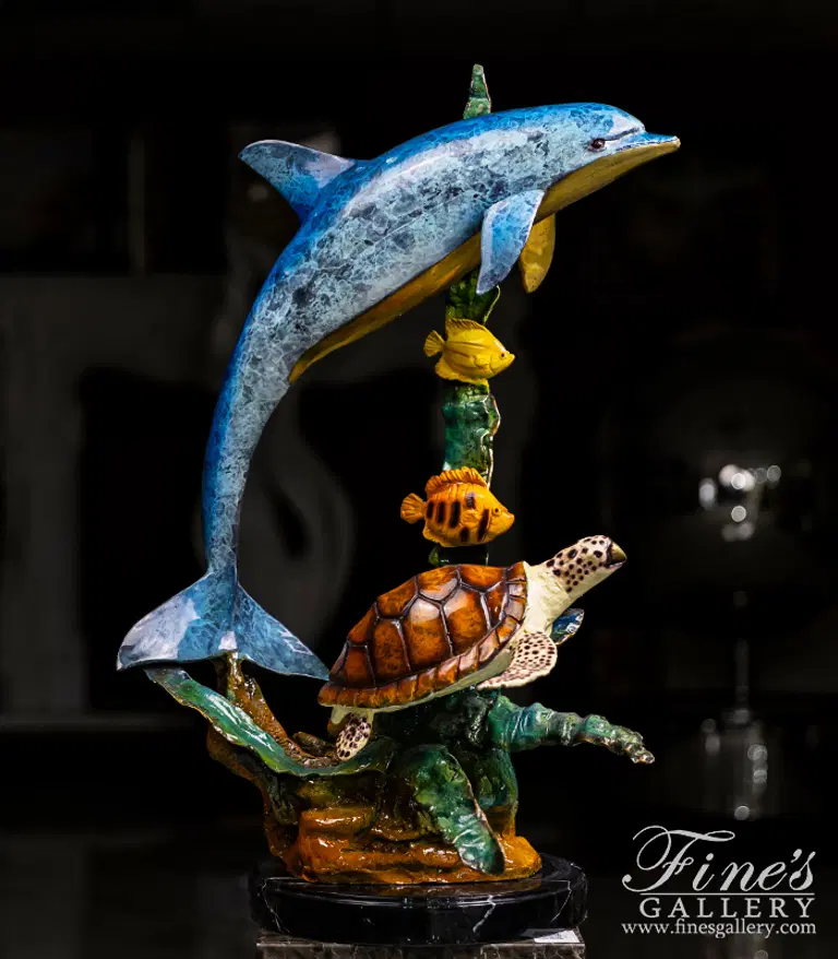 Dolphin, Turtle & Fish Bronze Fountain Sculpture - Handcrafted Sea Life Statue for Garden or Home Decor