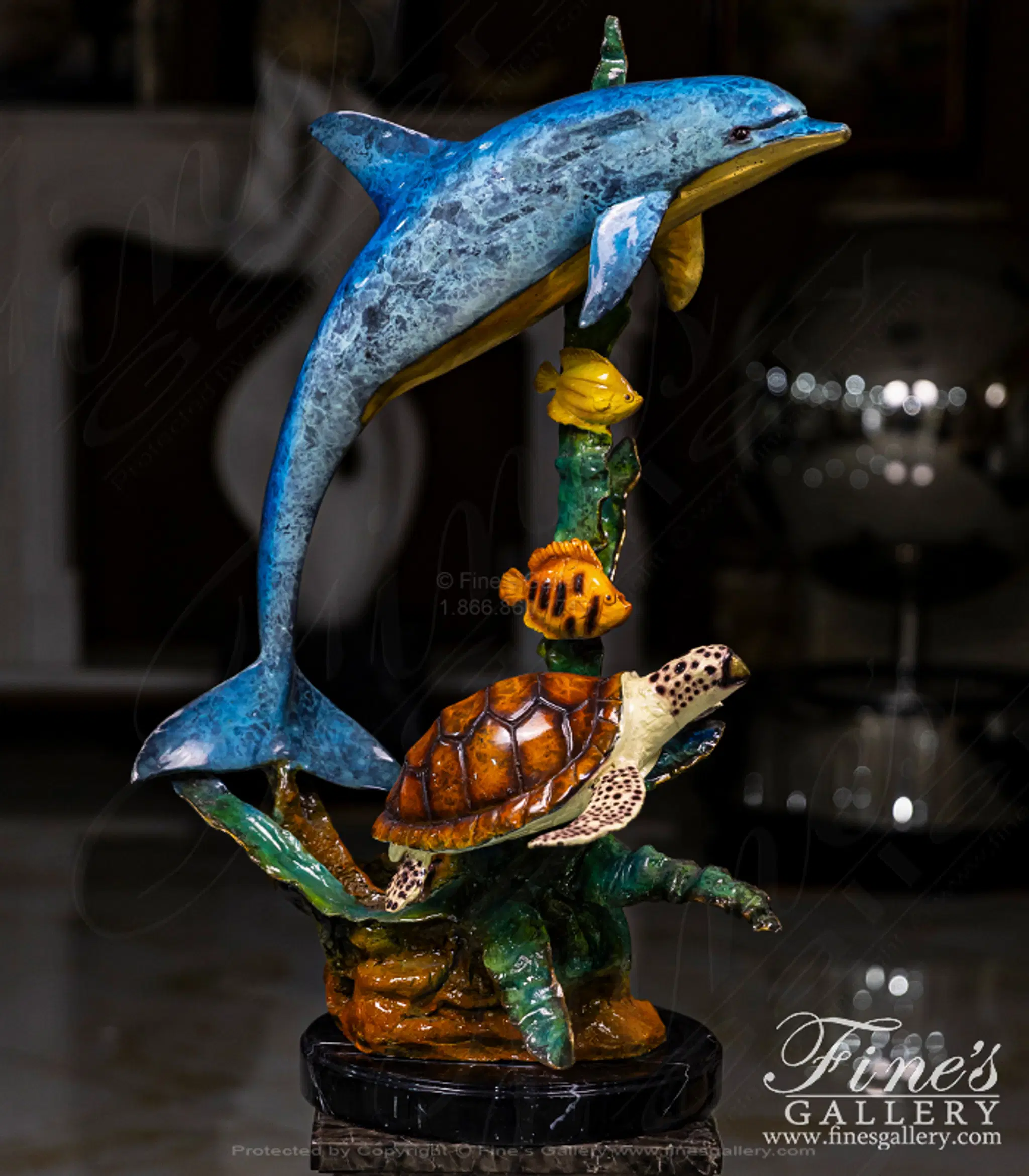 Dolphin, Turtle & Fish Bronze Fountain Sculpture - Handcrafted Sea Life Statue for Garden or Home Decor — Model BS-1318 — Hand-Crafted by Fine's Gallery