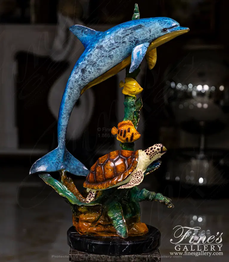 Dolphin, Turtle & Fish Bronze Fountain Sculpture - Handcrafted Sea Life Statue for Garden or Home Decor