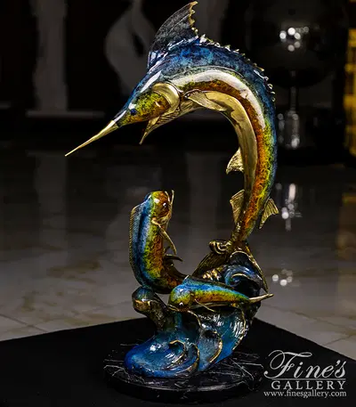 Marlin and Mahi Mahi Bronze Statue - Vibrant Coastal Marine Sculpture for Beach Home Trophy Room