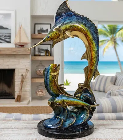 Marlin and Mahi Mahi Bronze Statue - Vibrant Coastal Marine Sculpture for Beach Home Trophy Room