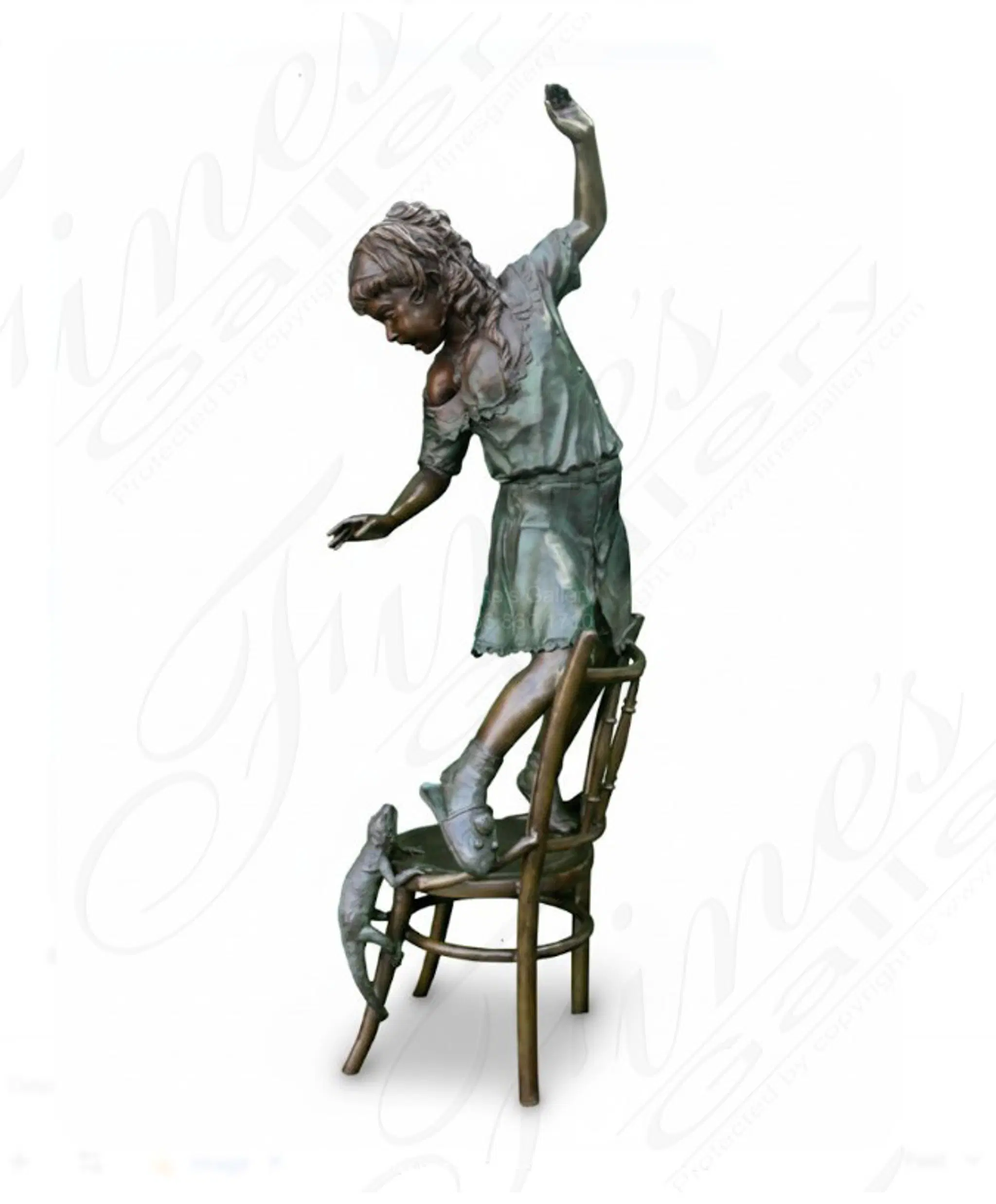 Caught by Surprise Bronze Statue - Young Girl Jumping on Chair from Chameleon - Vintage Fine Art Sculpture