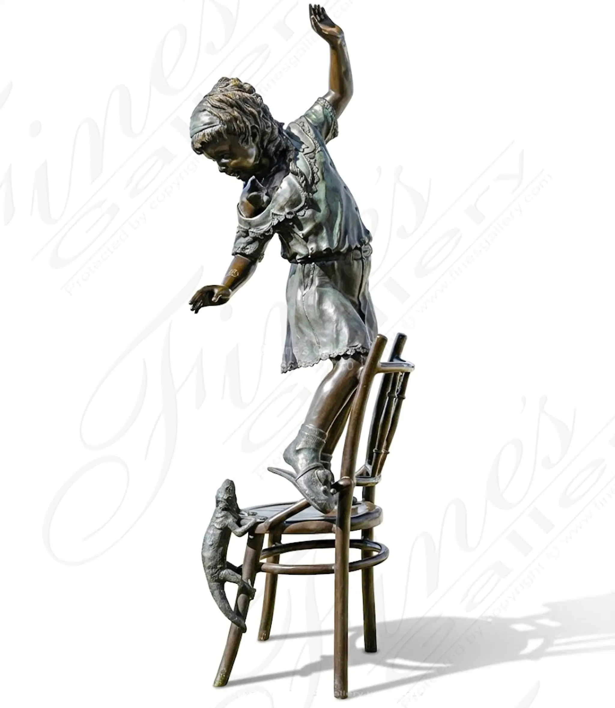 Caught by Surprise Bronze Statue - Young Girl Jumping on Chair from Chameleon - Vintage Fine Art Sculpture