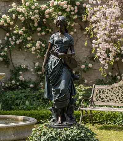 Vintage Young Woman with Lute Statue in Museum Quality Bronze