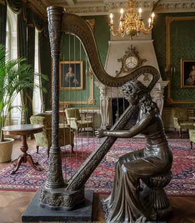 Bronze Harp Player Statue - Life Size Musical Sculpture - Fine Art Gallery Collection