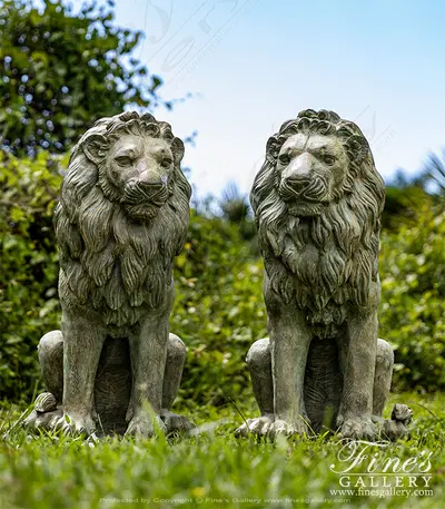 Antique Patina Seated Bronze Lion Statue Pair