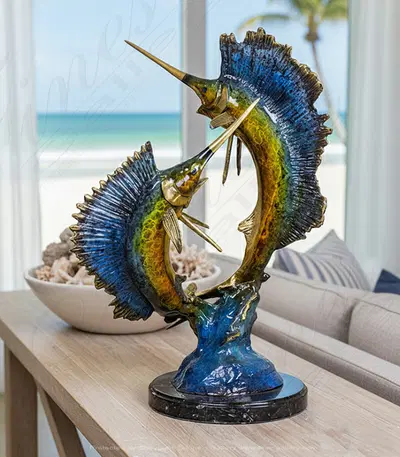 Dueling Sailfish Bronze Statue - Luxury Coastal Home & Yacht Club Decor - Museum Quality Nautical Art Sculpture