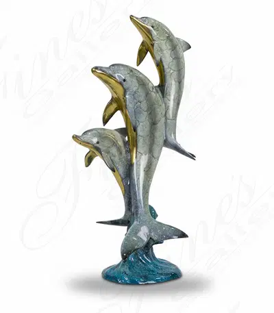 Aqua Marine Blue Three Bronze Dolphins Desktop Statue