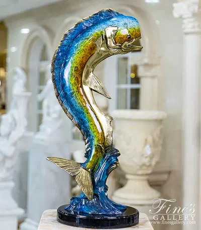 31 Inch Bronze Mahi Mahi Fountain Statue - Enamel Finish Decorative Fish Sculpture