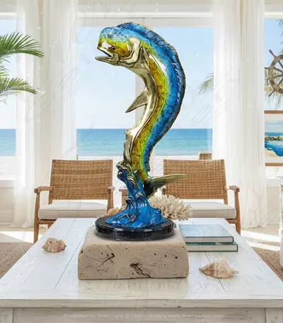 31 Inch Bronze Mahi Mahi Fountain Statue - Enamel Finish Decorative Fish Sculpture