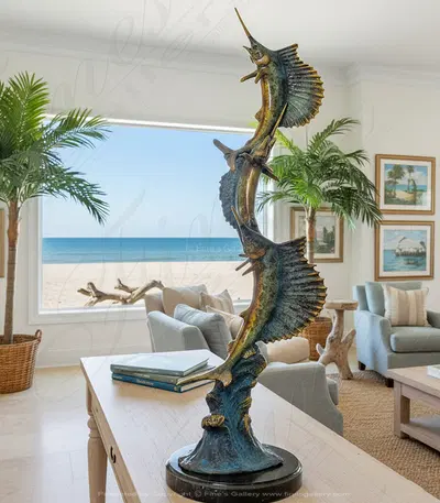 Triple Sailfish Bronze Statue - Desktop Size Nautical Sculpture - Coastal Home Decor