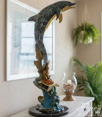 Bronze Dolphin Statue with Turtle and Reef - Marble Base with Enamel Finish
