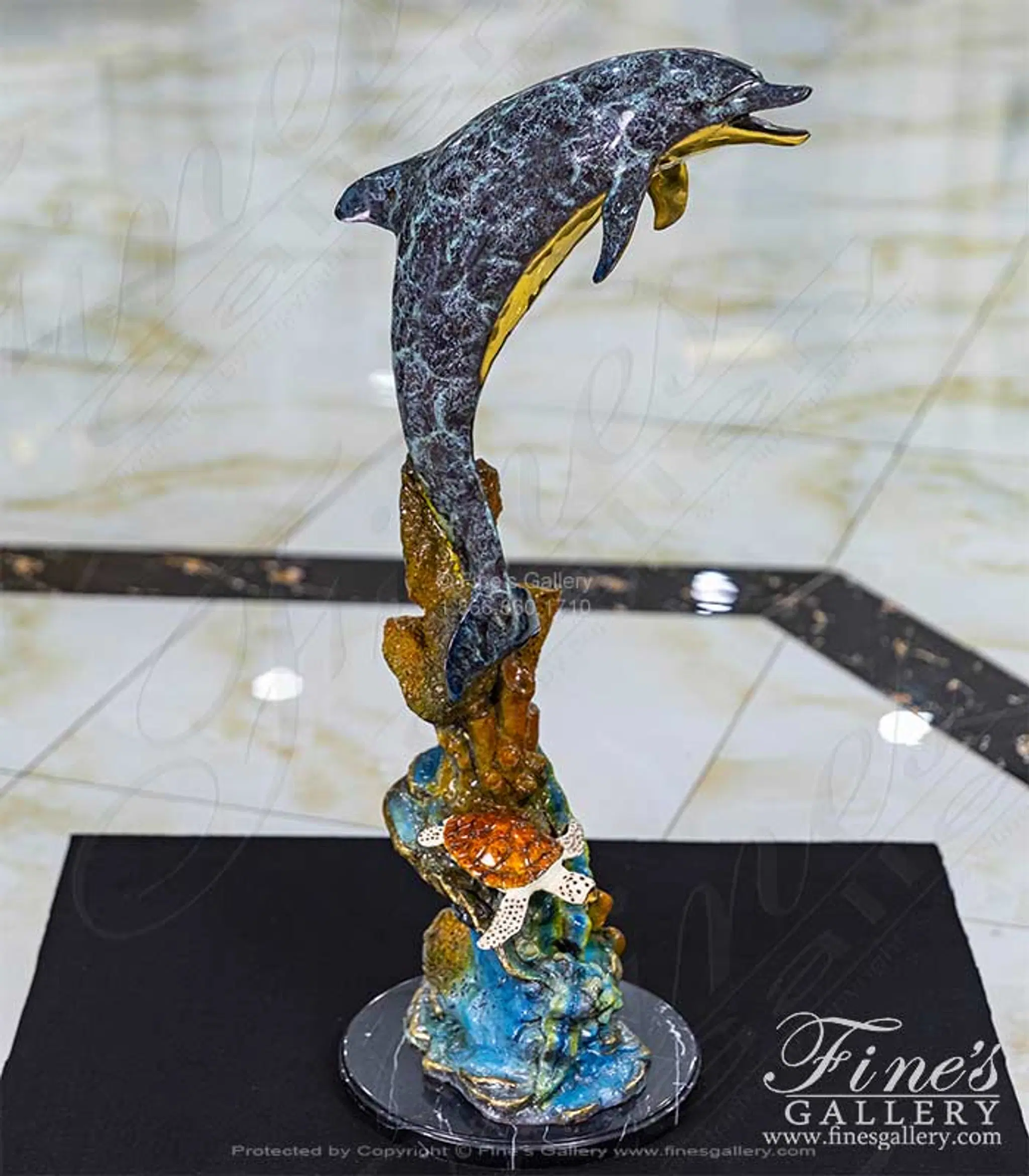 Dolphin Statue with Turtle and Reef in Bronze