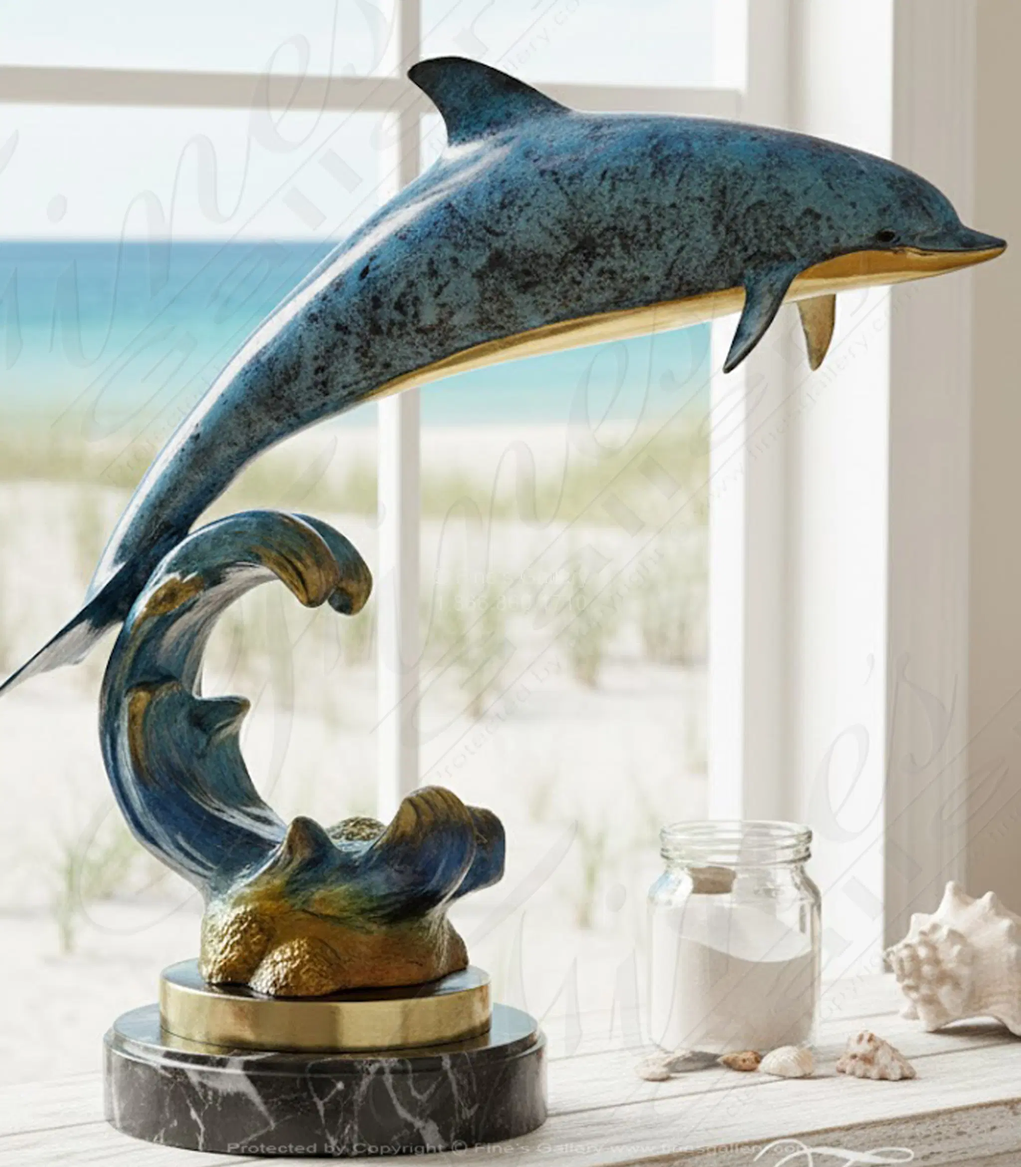Dolphin Riding Wave Bronze Statue - Brilliant Blue Patina Home Decor Sculpture for Mantel or Pedestal Display