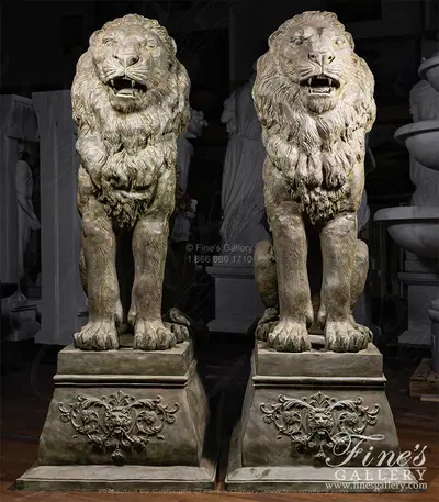 75" Tall Regal Lion Statue Pair in Patina Bronze
