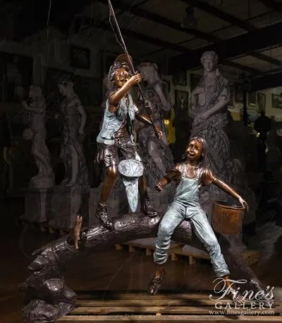 Two Kids Fishing on a Log Bronze Statue