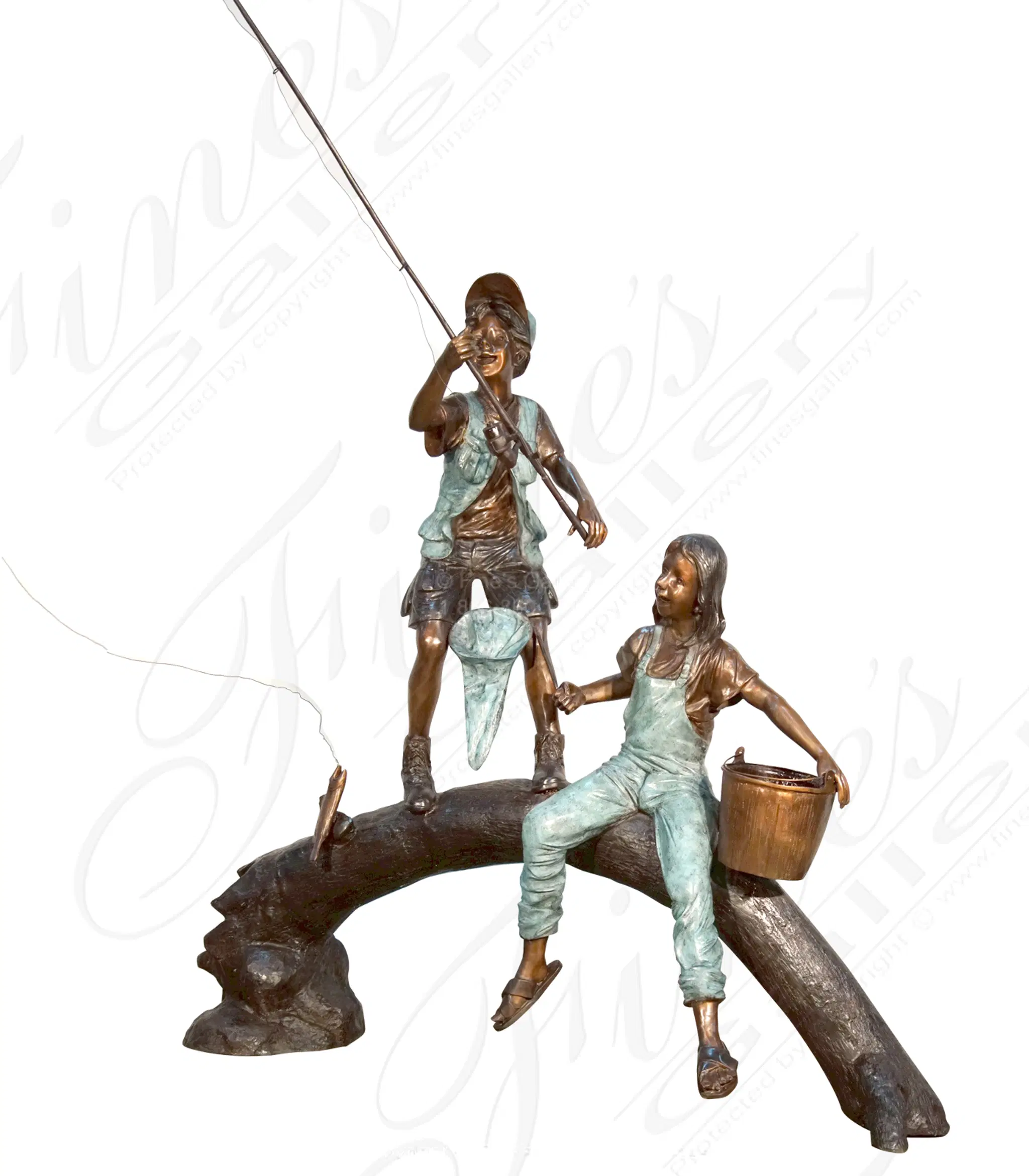 Two Kids Fishing on a Log Bronze Statue