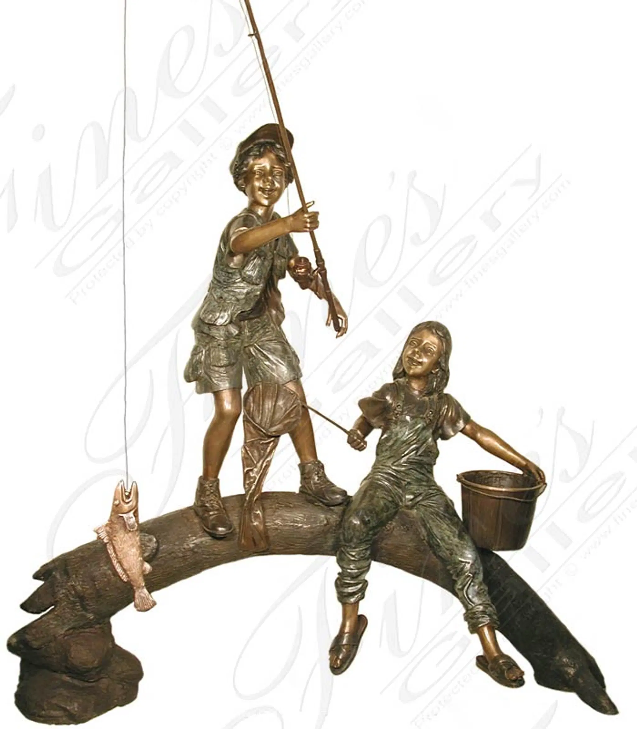 Two Kids Fishing on a Log Bronze Statue
