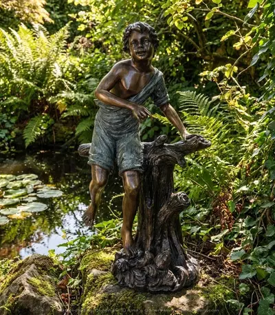 Tree Stump Boy Bronze Statue - Detailed Child with Stick Forest Sculpture - Designer Home Garden Decor