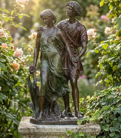 Young Lovers with Rose Bronze Statue 28 Inch