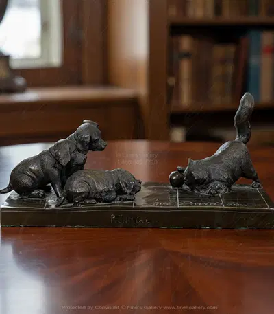 Three Puppies and a Kitten at Play Bronze Statue ( Vintage )