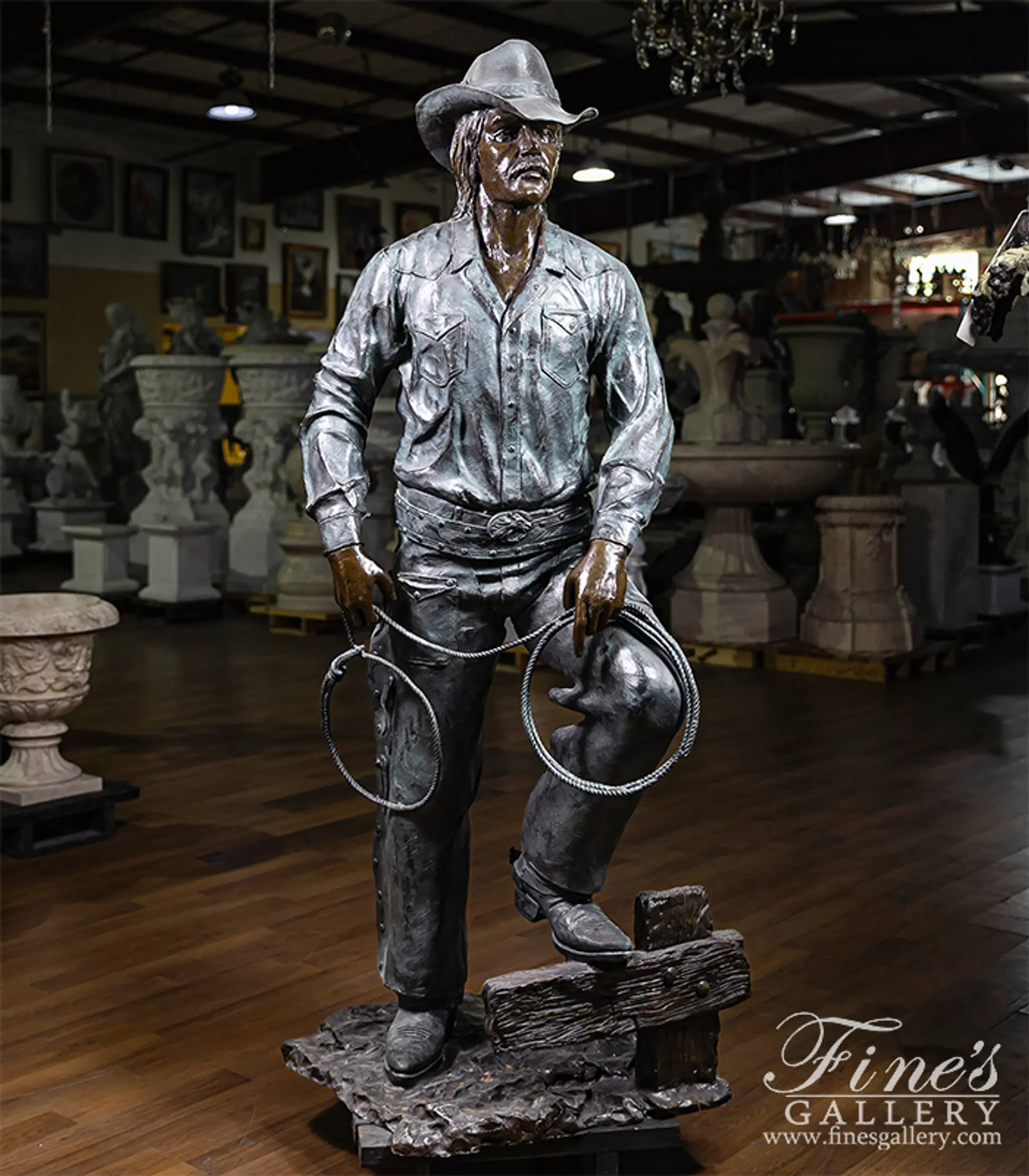 Vintage Bronze Cowboy Statue - Hand Carved Western Sculpture with Lasso - 25 Year Old Collectible Art — Model BS-504 — detail view 4