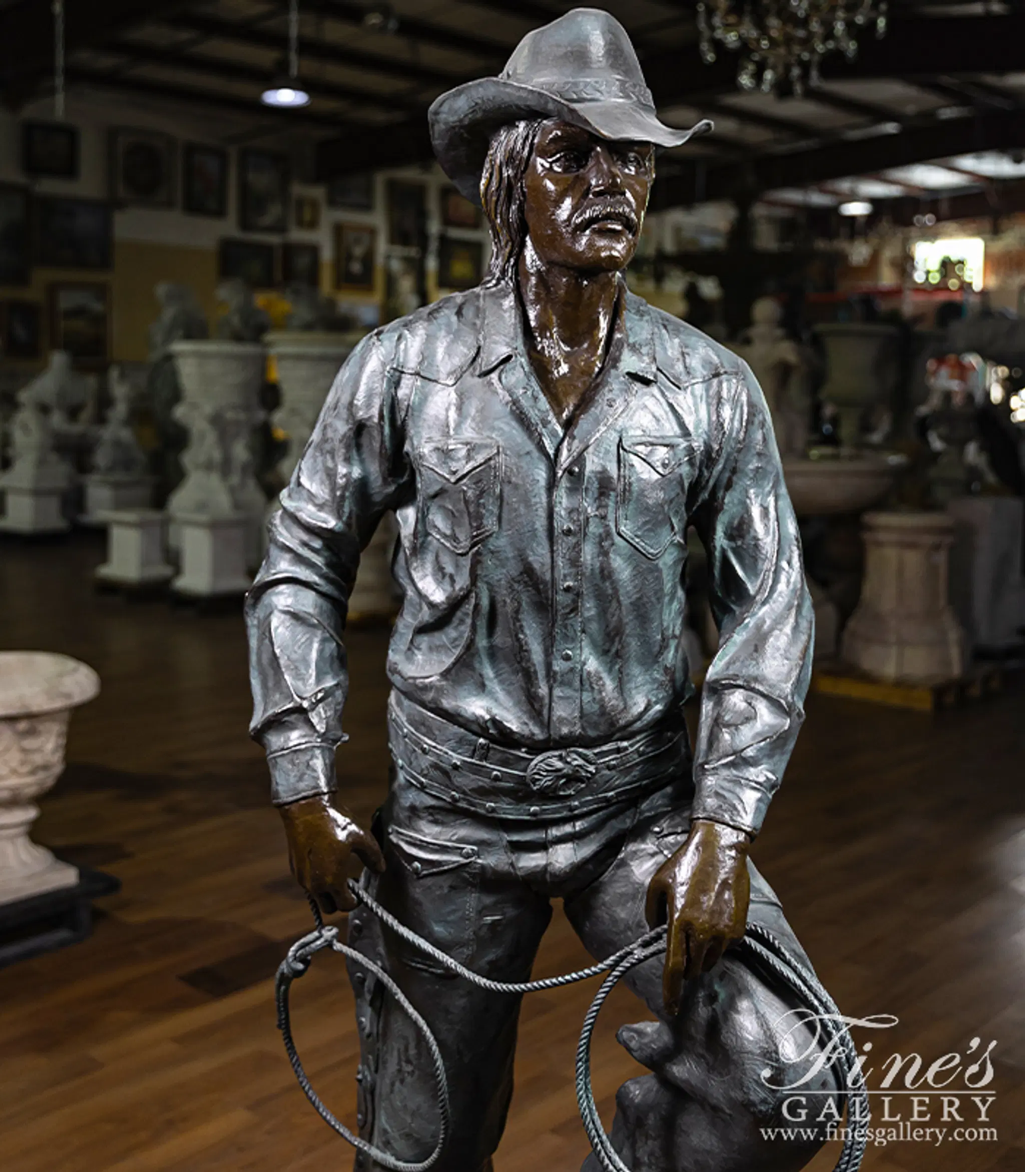 Vintage Bronze Cowboy Statue - Hand Carved Western Sculpture with Lasso - 25 Year Old Collectible Art — Model BS-504 — detail view 2
