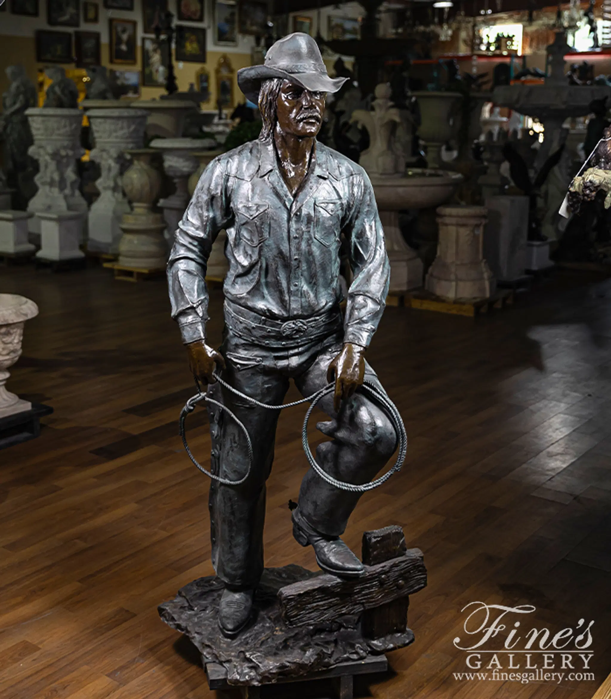 Vintage Bronze Cowboy Statue - Hand Carved Western Sculpture with Lasso - 25 Year Old Collectible Art — Model BS-504 — detail view 1