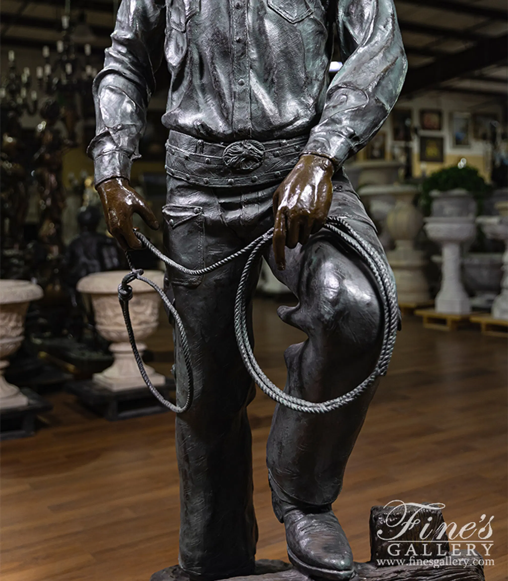 Vintage Bronze Cowboy Statue - Hand Carved Western Sculpture with Lasso - 25 Year Old Collectible Art — Model BS-504 — detail view 3