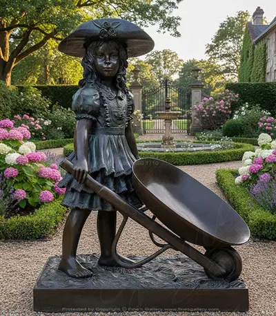 Vintage Bronze Wheelbarrow Girl Statue - Charming Garden Decor Sculpture with Lifelike Detail