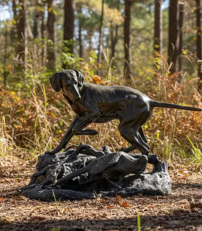Vintage Bronze Hunting Dog with Bird Statue