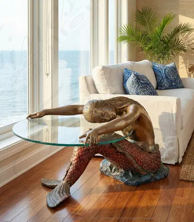 Bronze Mermaid Living Room Table - Elegant Glass Top with Silver Bronze, Gold and Patina Accents