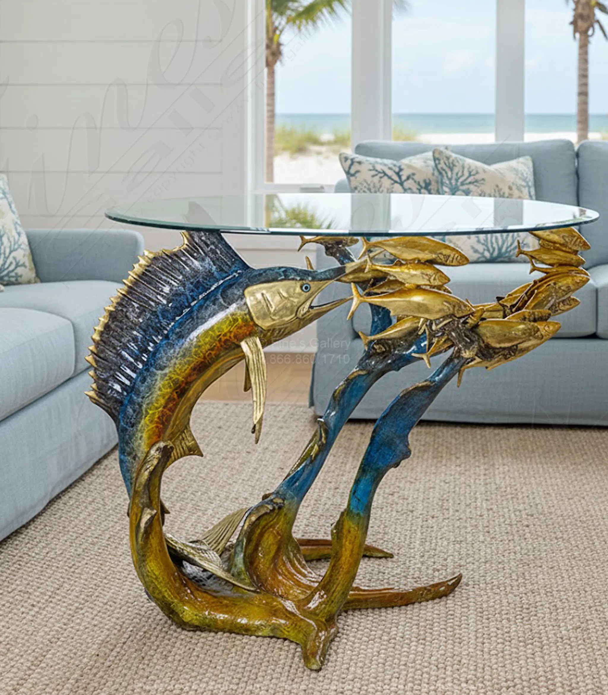 Sailfish with School of Fish Bronze Table Base - Coastal Enameled Sculpture for Indoor/Outdoor Dining - 36"W×29"H×31"D