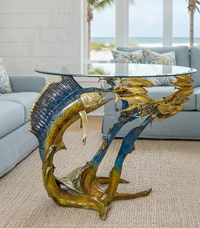 Sailfish with School of Fish Bronze Table Base - Coastal Enameled Sculpture for Indoor/Outdoor Dining - 36"W×29"H×31"D