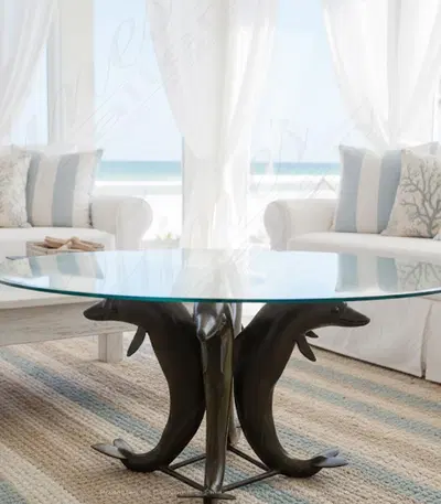 Bronze Dolphin End Table - Glass Top with Hand Carved Aquatic Base - Dark Bronze Matte Finish