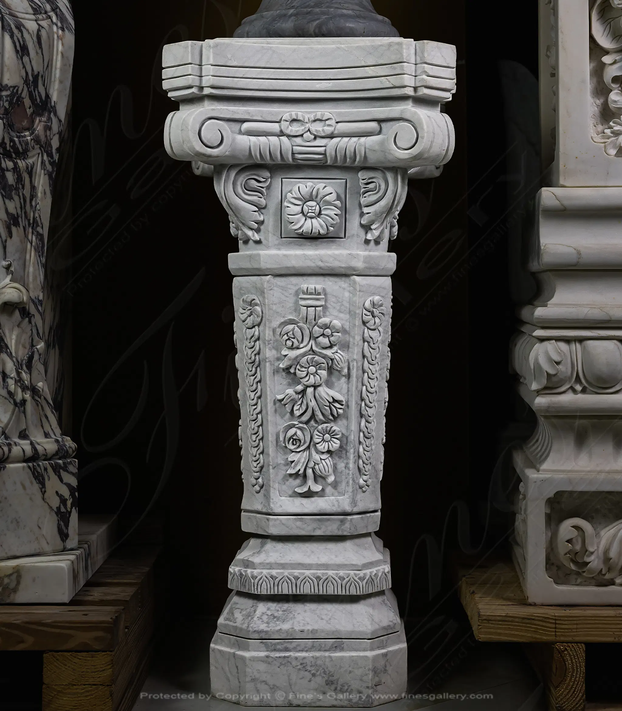 Floral Marble Pedestal Pair in Metrix White Marble — Model MBS-084 — Hand-Crafted by Fine's Gallery