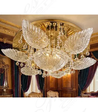 Elegant Gold Crystal Chandelier with Sculpted Glass - Luxury Lighting Fixture for Home Decor
