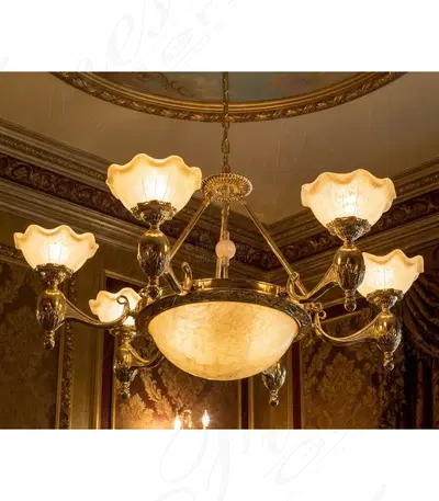 Elegant Onyx Chandelier with Gold Plated Hardware and Scalloped Light Fixtures - Luxury Lighting