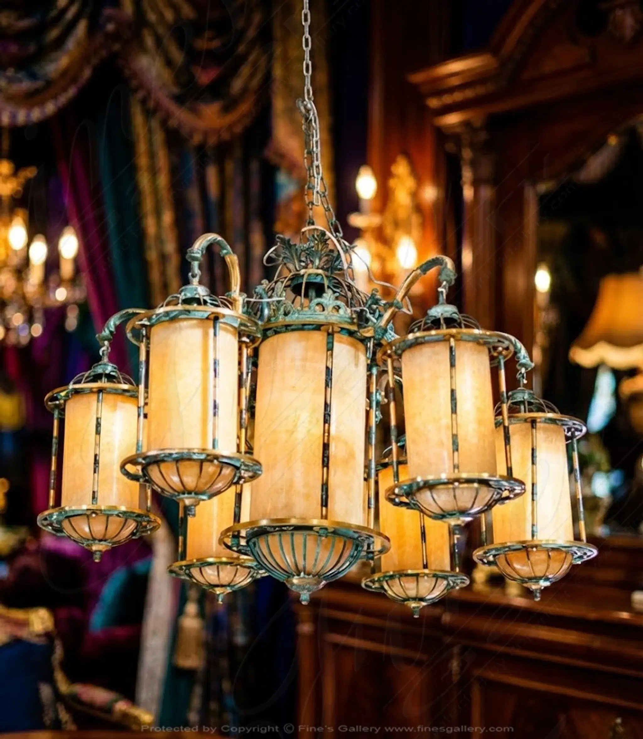 Old World Onyx Chandelier with Patina Green and Gold Finish - Elegant Lighting Fixture