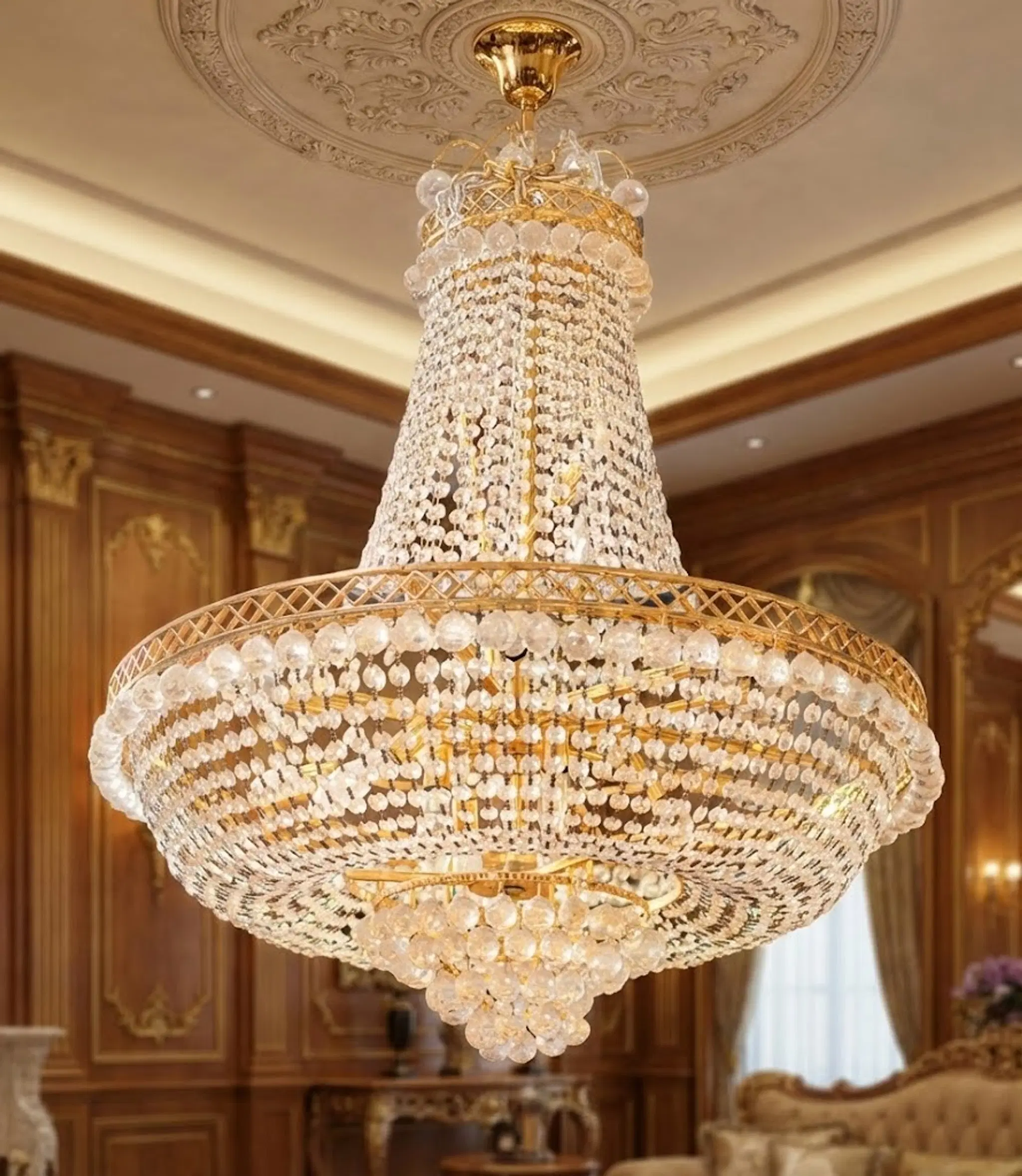 Crystal Chandelier - Elegant 34" Diameter Hanging Light Fixture with Fine Crystal Design