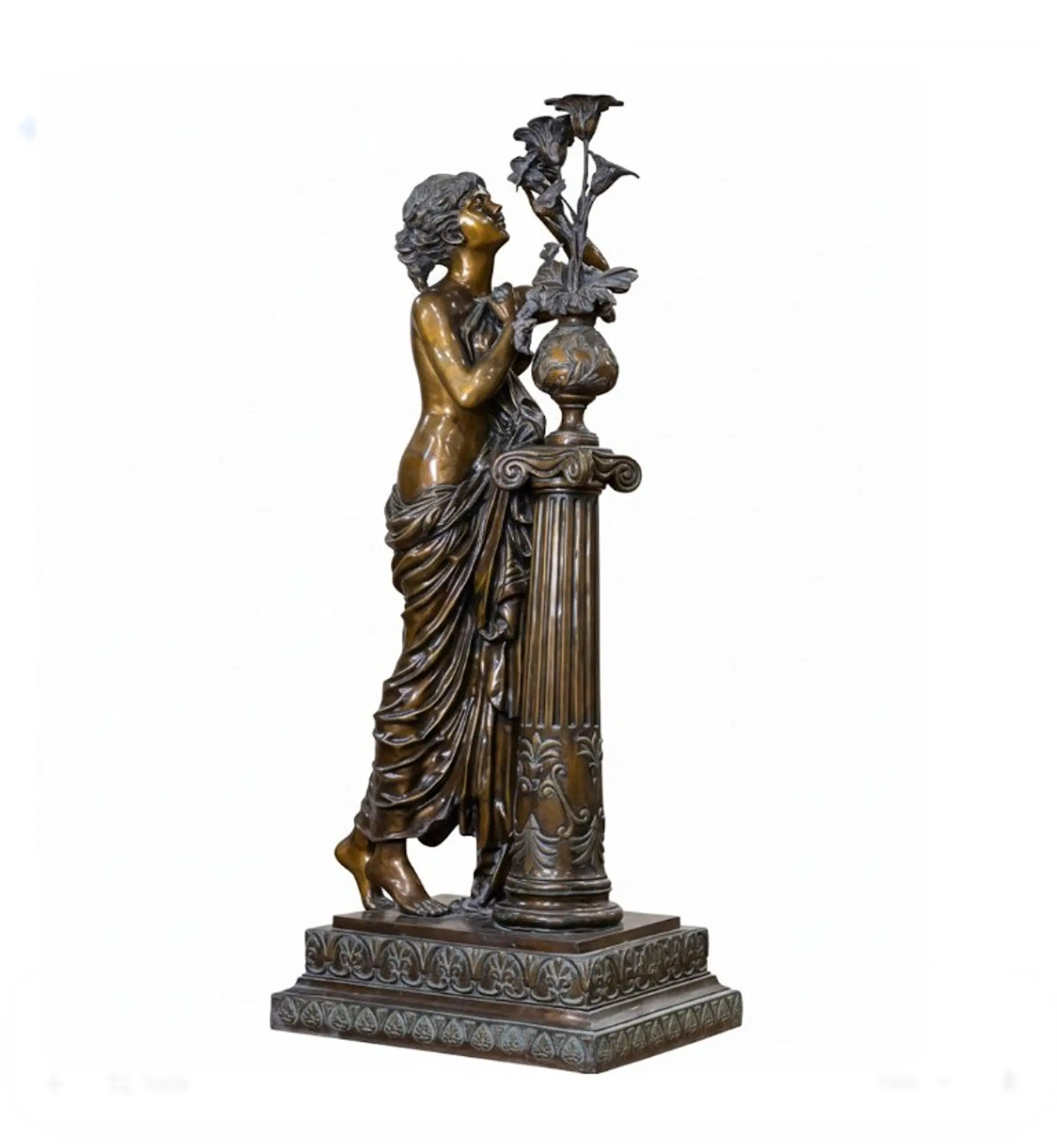 Bronze Lampost Woman with Flowers - Elegant Dark Brown Statue - Decorative Lighting Fixture — Model LMP-004 — Hand-Crafted by Fine's Gallery