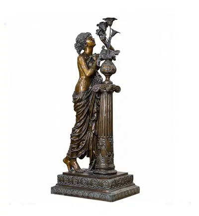 Bronze Lampost Woman with Flowers - Elegant Dark Brown Statue - Decorative Lighting Fixture
