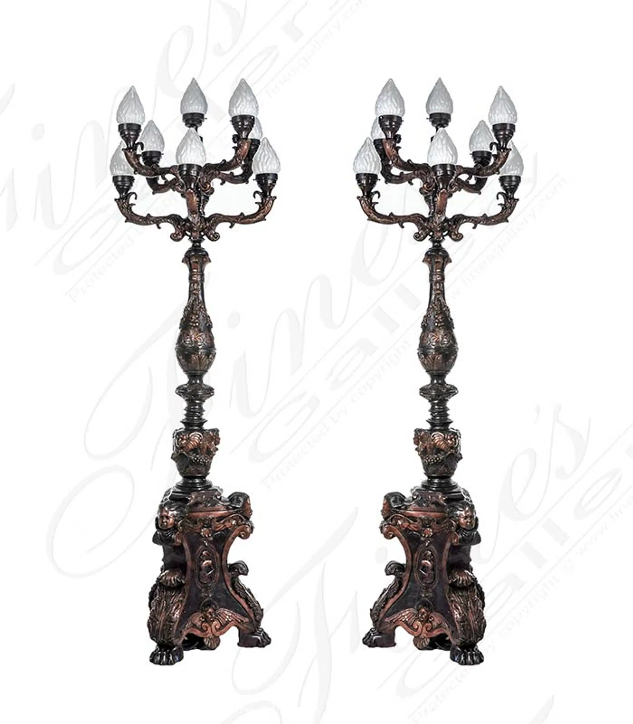 Oversized Outdoor Candelabra Bronze Lamp Post Pair