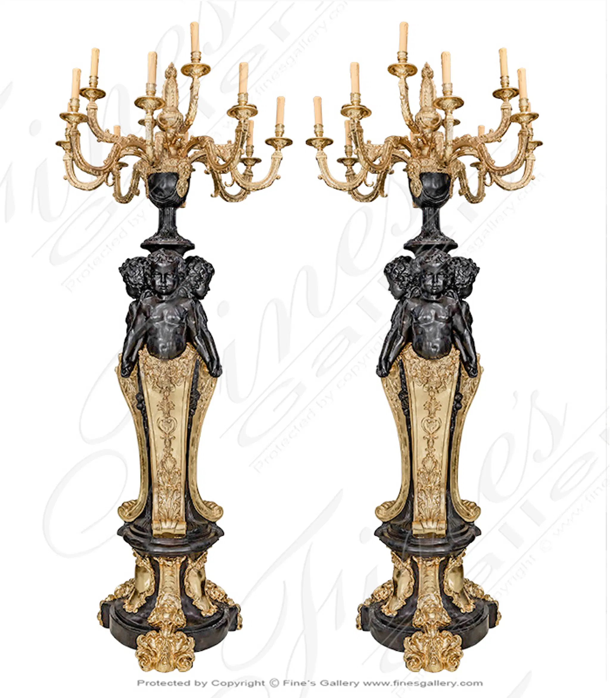 Stunning Pair of Gold Gild Cherub Chandelier Stands — Model LMP-046 — Hand-Crafted by Fine's Gallery