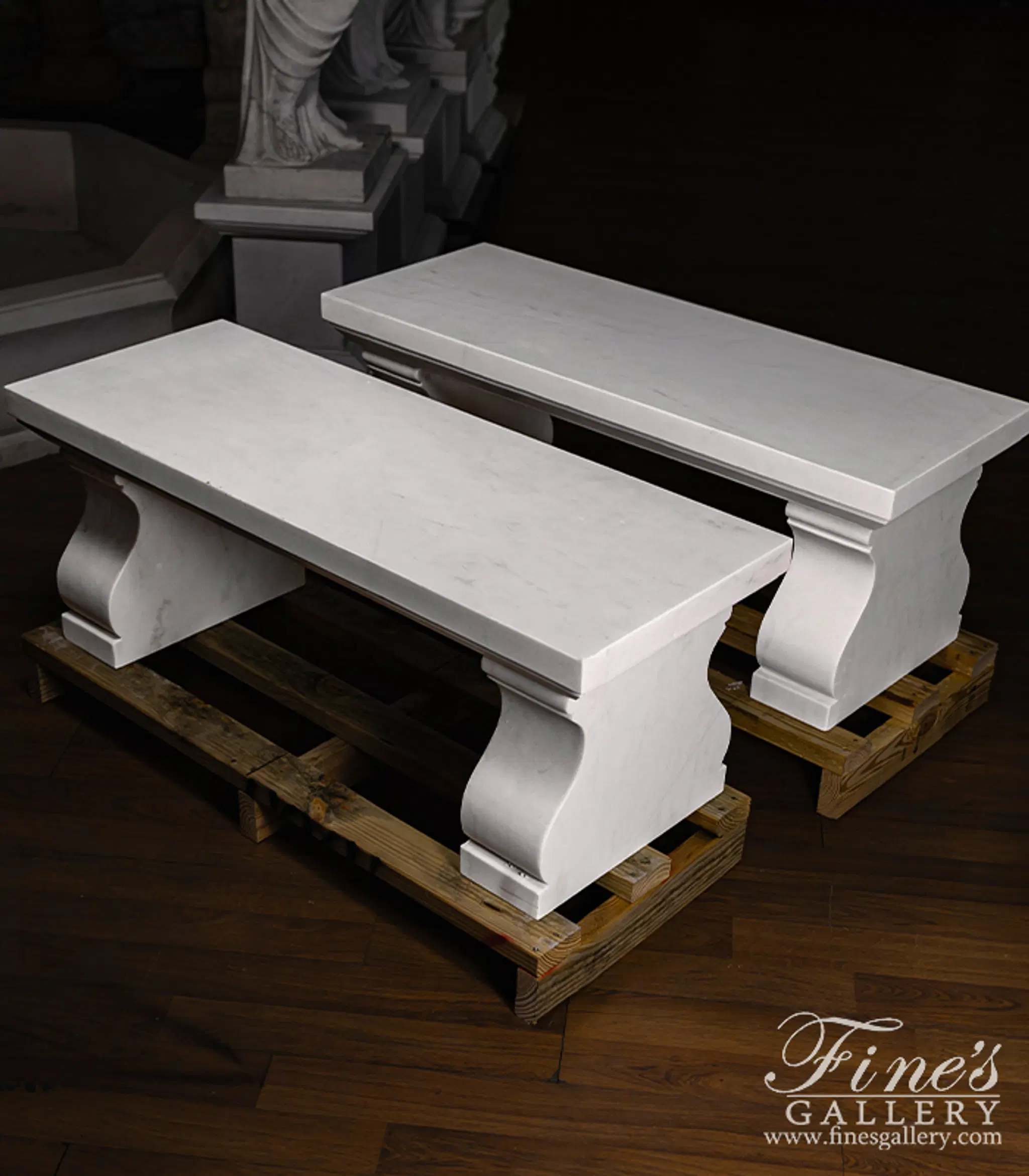 Pair of Simplistic benches in statuary marble — Model MBE-736 — Hand-Crafted by Fine's Gallery