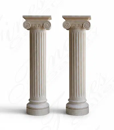44" Ionic Pedestal Pair - Cream Galala Marble Fluted Columns with Scroll Detail - Elegant Plant or Statue Base
