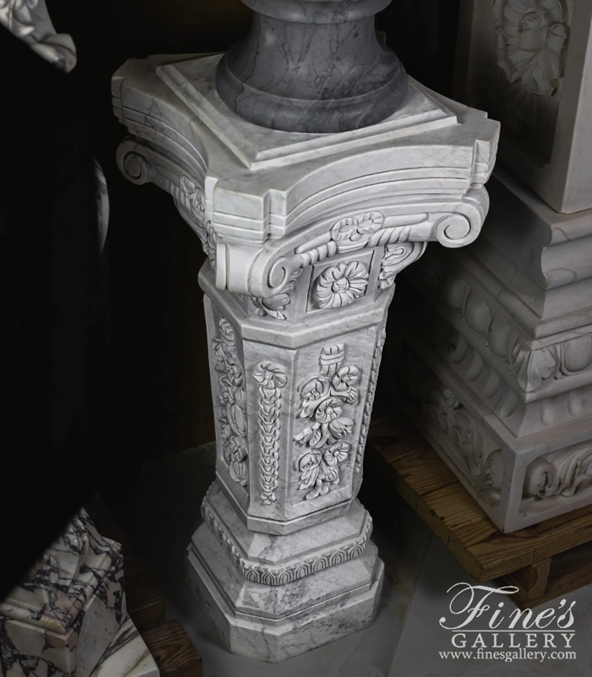 Floral Marble Pedestal Pair in Metrix White Marble — Model MBS-084 — detail view 7