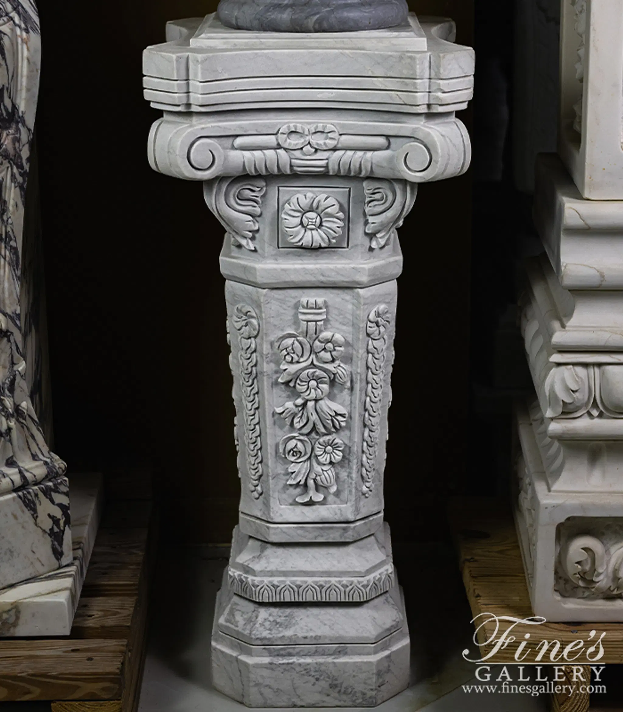 Floral Marble Pedestal Pair in Metrix White Marble — Model MBS-084 — detail view 2