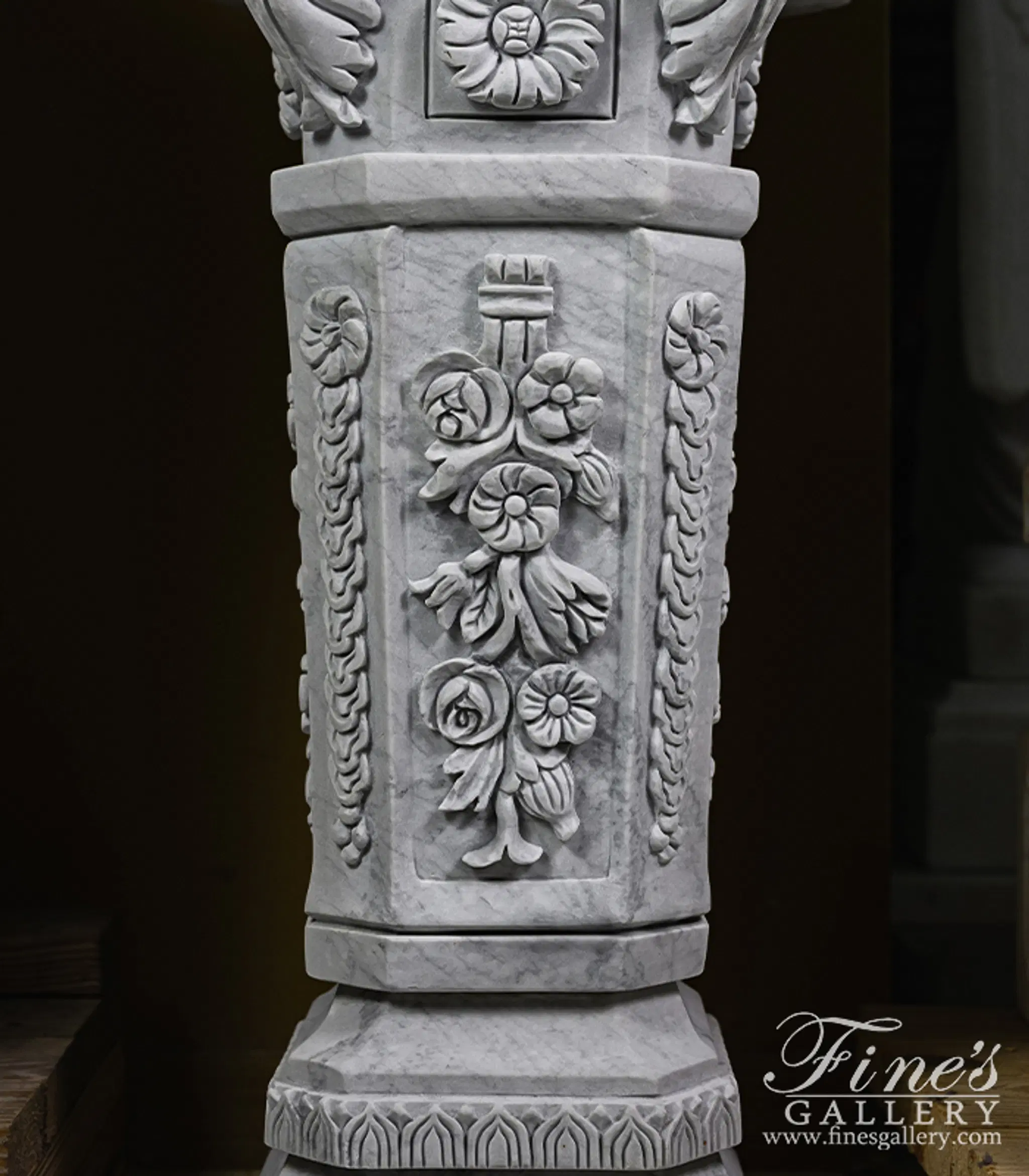 Floral Marble Pedestal Pair in Metrix White Marble — Model MBS-084 — detail view 3